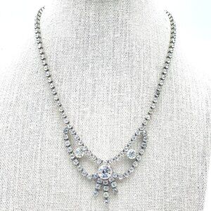 D VERS NY Rhinestone Necklace Graduated Crystal Drop Silver Tone Bridal Evening